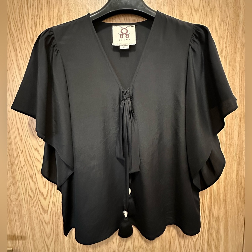 New FIGUE Black 100% Silk Flare Sleeve Sea Shell Tie Tassels Blouse Women’s XS